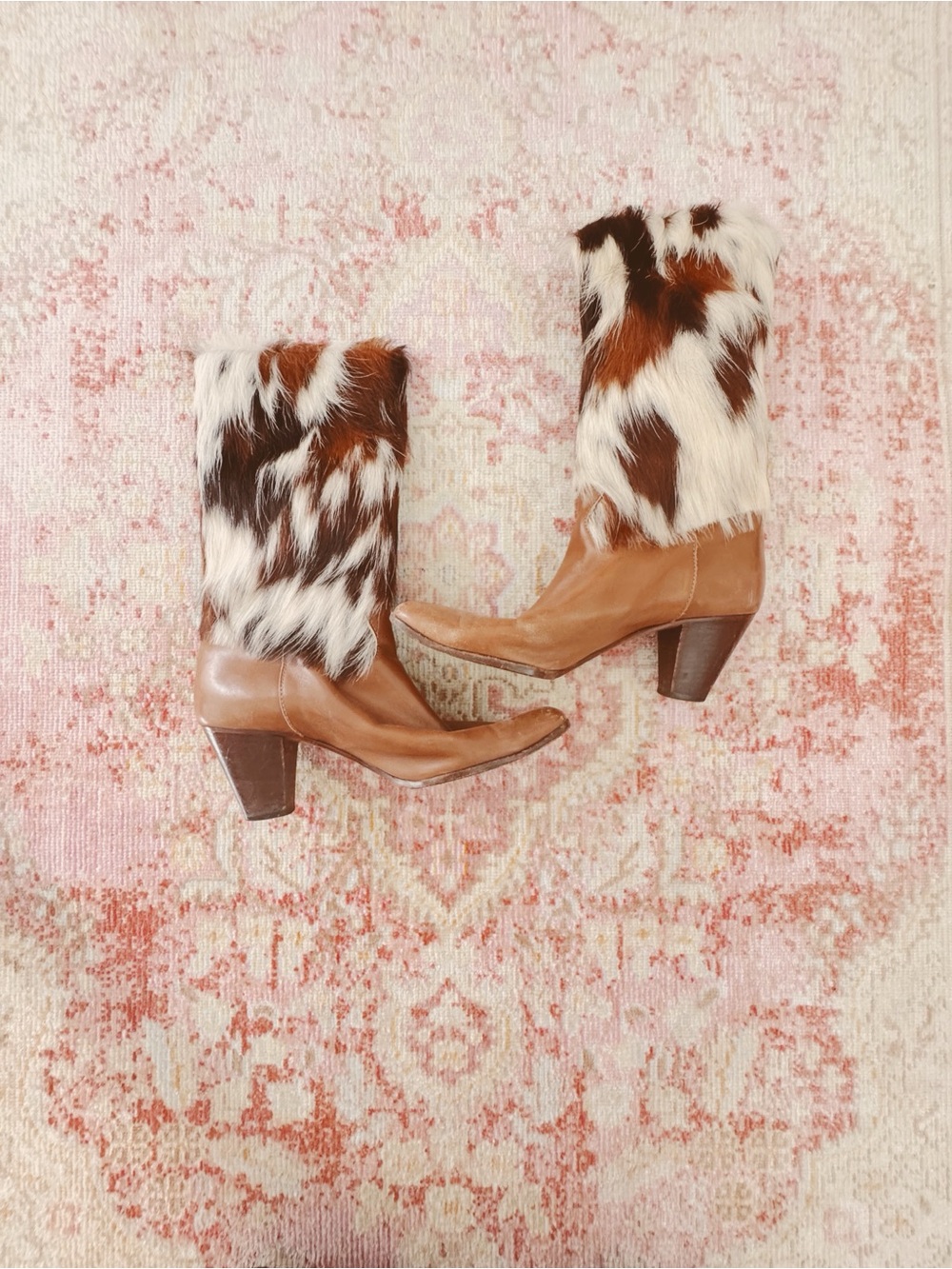 Hana Mackler, Cowhide Accent Brown Leather Mid-Calf Boots